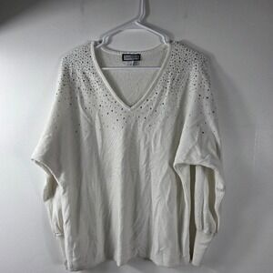 Sam and Jess Embellished Rhinestone‎ V Neck Sweater Knit Top White Size L